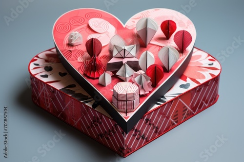 A heart-shaped box brimming with numerous paper notes neatly stacked inside, A quirky assymetrical Valentine's Day gift box, AI Generated photo