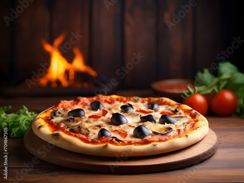pizza with mushrooms and tomatoes ,pizza with salami and tomatoes , pizza with salami  ,  pizza  on wooden board