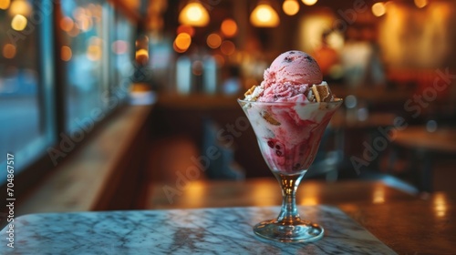  a scoop of ice cream sitting on top of a table next to a glass filled with a scoop of ice cream.
