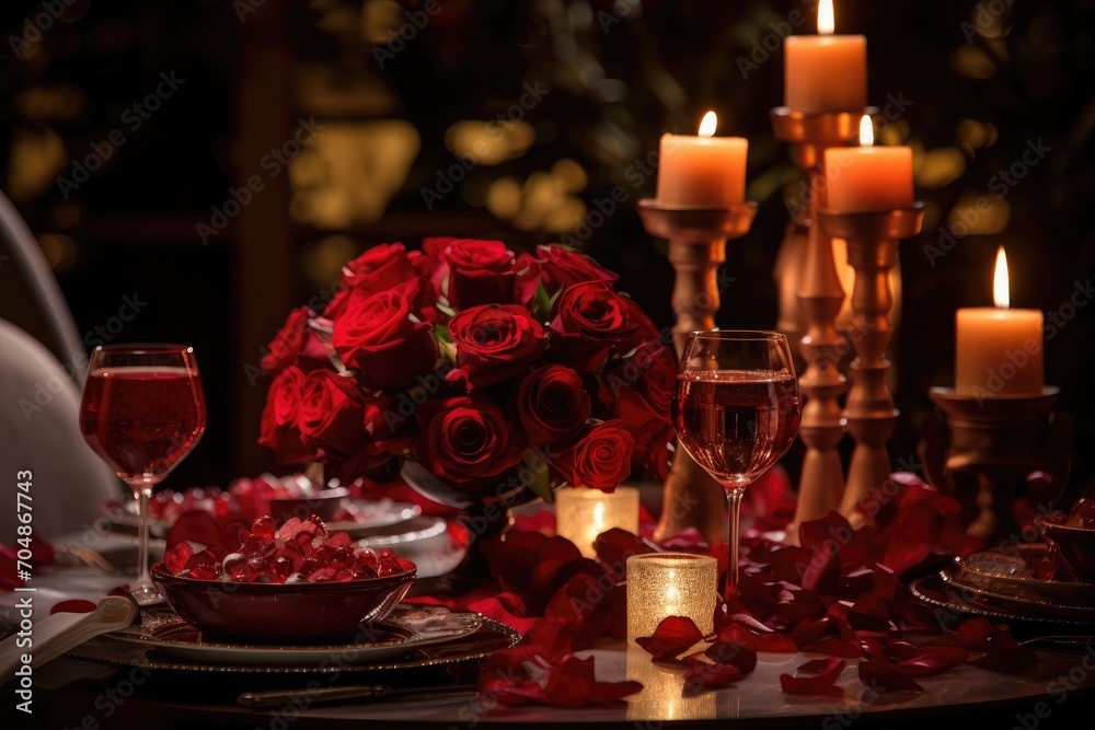 A stunning display of red roses and candles atop a tastefully decorated table, A romantic candle-lit dinner setting with a Valentine's theme, AI Generated A stunning display of red roses and candles atop a tastefully decorated table, A romantic candle-lit dinner setting with a Valentine's theme, AI Generated