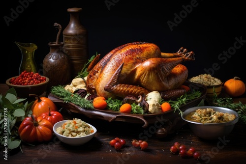 A mouthwatering golden-brown roasted turkey is beautifully presented on a platter among a variety of delicious dishes, A roasted turkey with stuffing on a Thanksgiving table, AI Generated