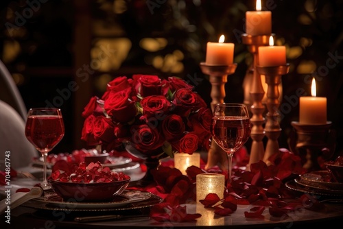 A stunning display of red roses and candles atop a tastefully decorated table  A romantic candle-lit dinner setting with a Valentine s theme  AI Generated