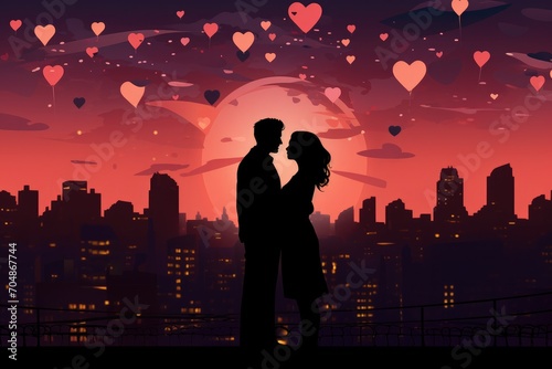 A man and a woman stand together, gazing at a sprawling city illuminated by the lights of the night, A romantic city skyline on the night of Valentine's Day, AI Generated