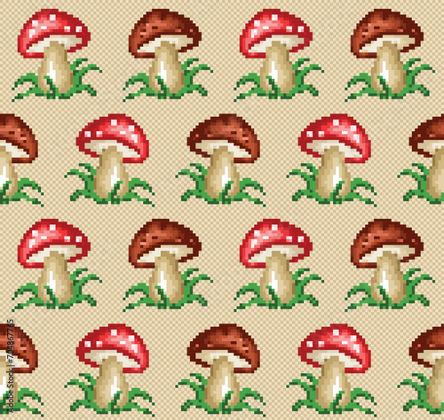 A pixel seamless background with forest mushroom.