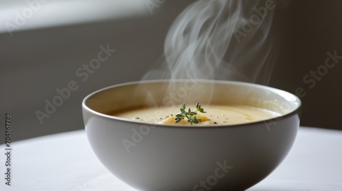  a bowl of soup on a table with steam rising out of the top and a spoon in the middle of the bowl. photo