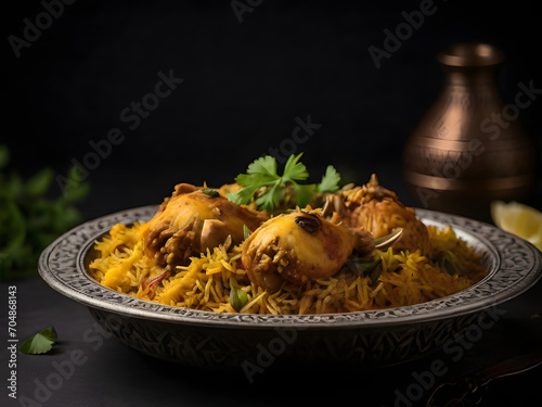 chicken biryani , spicy biryani in a plate , briyani surving , biryani in restraunt , tasty rice photo