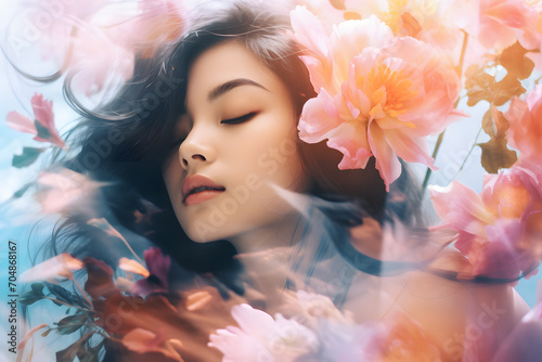 Petal Dreams - Captivating Double Exposure of a Cute Asian Girl and the Beauty of Vibrant Flowers