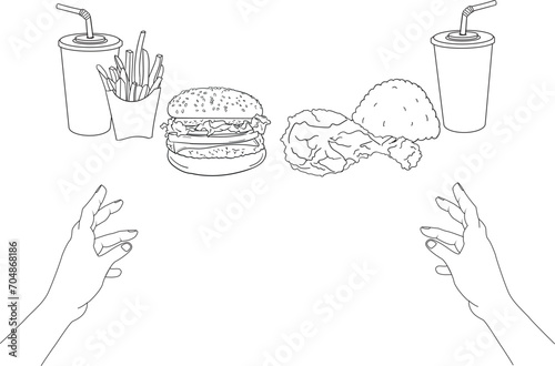 Vector Two hands craving big packages of burgers and fried chicken