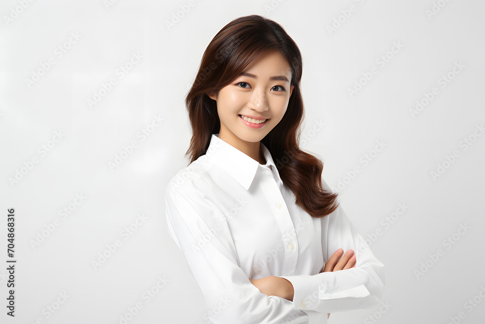 Asian Elegance: Confident Business Woman in White, Smiling Asian Elegance: Confident Business Woman in White, Smiling