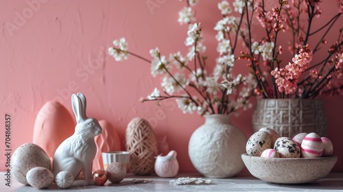 Easter-themed wall decor with a soft pink background, featuring adorable bunnies and colorful eggs.