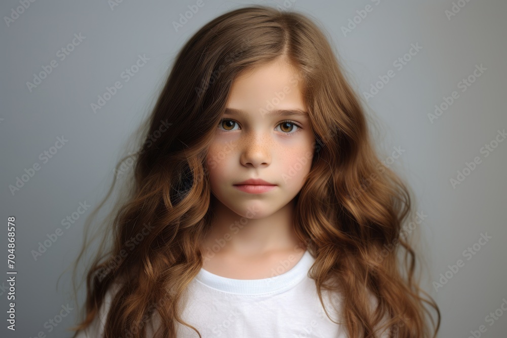 Portrait of a beautiful little girl with long hair on a gray background Portrait of a beautiful little girl with long hair on a gray background