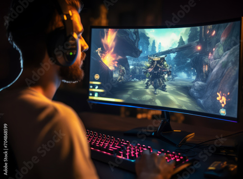 Engrossed gamer in a dark room, illuminated by the glow of an action-packed scene on a widescreen monitor.