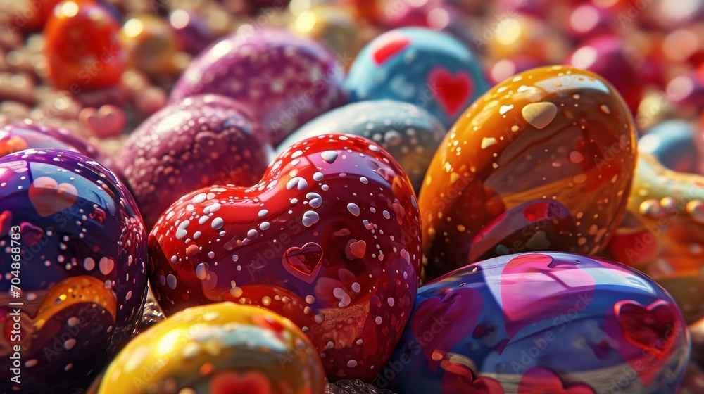 a close up of a bunch of colorful balls with drops of water on them and a heart shaped object in the middle of the picture. a close up of a bunch of colorful balls with drops of water on them and a heart shaped object in the middle of the picture.