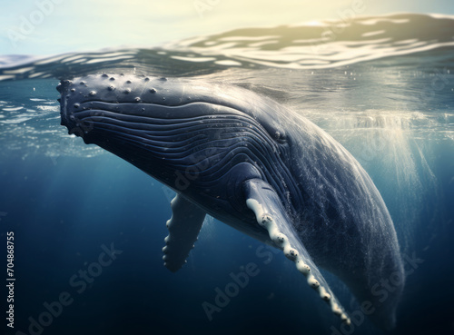 Humpback whale breaching the surface of the ocean with sun rays shining through the water.