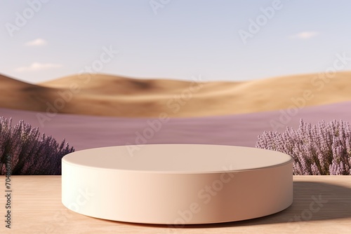 round podium for the presentation of luxury products. landscape with lavender fields in the background