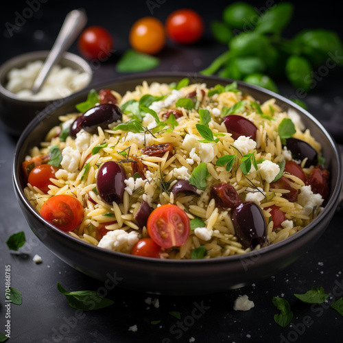 asiatisches essen lecker frisch teller restaurant - ki generativ - griechischer orzo slaat mit oliven und feta und frischen gemüse vegan vegetarisch bowl photo