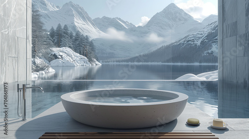 Soaking Tub Retreat With Majestic Snow-Capped Range Views,generated by IA