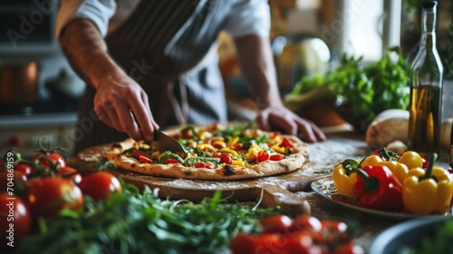 Homemade goodness: a young chef's hands expertly preparing a wholesome vegetable pizza