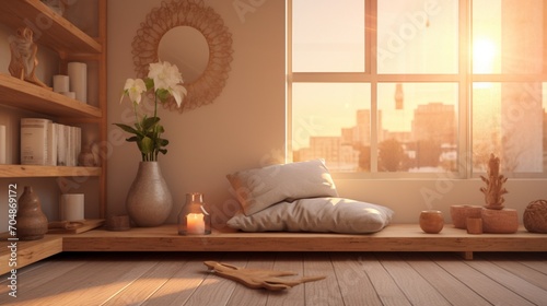 The Zen Harmony Bedroom s cozy corner for yoga and meditation  with a soft yoga mat  meditation cushions  and natural light creating a peaceful space for mindfulness practices.