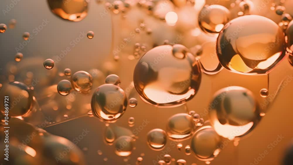 A macro shot of flowing glistening oil and water mixture creating transparent bubbles and abstract shapes