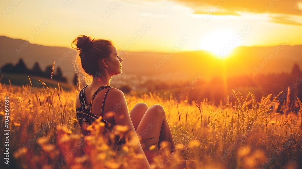 woman relax and breathing fresh air outdoor at sunset