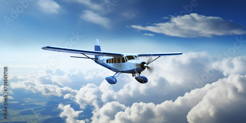 airplane in the clouds Single engine ultralight plane flying in the blue sky with white clouds Small white plane with blue stripes of a cessna propeller flying in a clear sky before landing A plane is