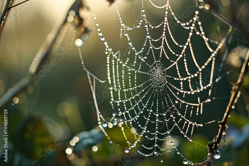 Dew drops on a spider's web, morning light, nature background 