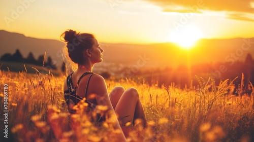 woman relax and breathing fresh air outdoor at sunset
