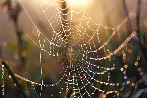 Dew drops on a spider's web, morning light, nature background  © reddish