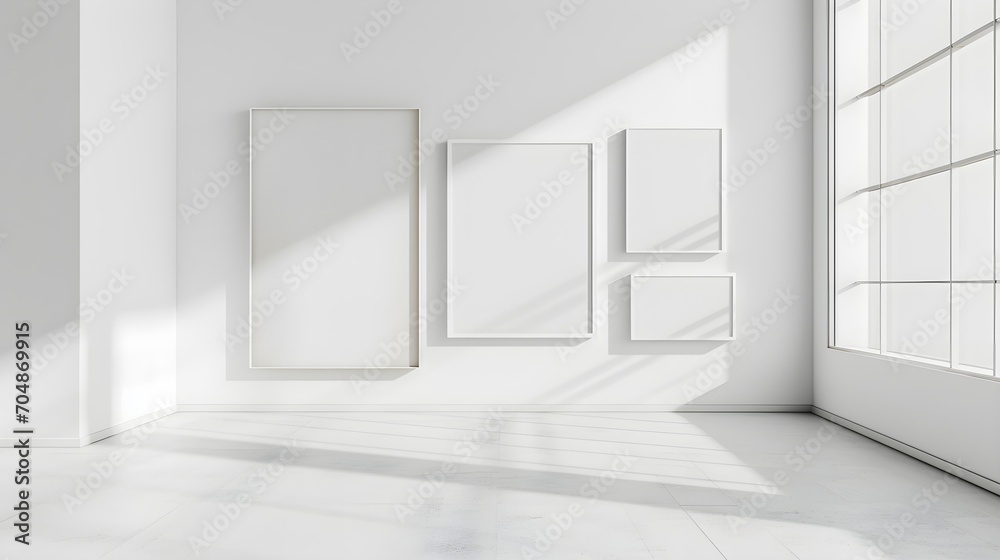 Obraz premium white room with different size empty frames on the wall, mock up