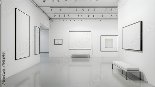 white room with different size empty frames on the wall, mock up © PSCL RDL