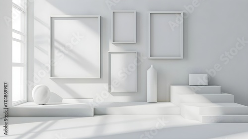 white room with different size empty frames on the wall, mock up