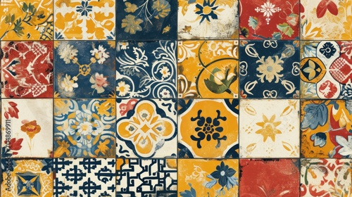  a close up of a tiled wall with many different colors and shapes of tiles in different shapes and sizes, including blue, yellow, red, orange, and white.