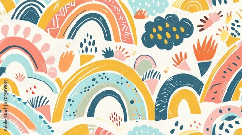  a multicolored pattern of rainbows, clouds, and trees on a white background with blue, orange, yellow, pink, and green.