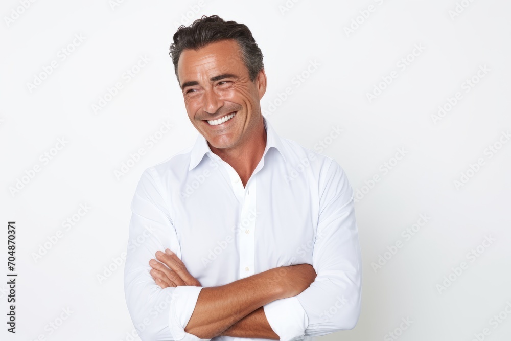 Portrait of a happy mature man standing with arms crossed against white background Portrait of a happy mature man standing with arms crossed against white background