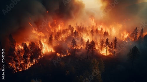 Raging and terrifying forest fire with thick plumes of heavy smoke billowing into sky engulfing forest area  atmosphere of chaos and tragedy  fiery inferno consumes serene forest