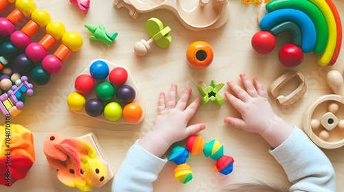 Toddler activity for motor and sensory development. Baby hands with different colorful wooden toys on table top view.