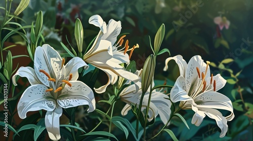  a painting of white lilies in a garden with green leaves and flowers in the foreground, on a sunny day.
