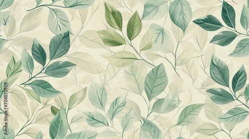  a close up of a wallpaper with a pattern of green leaves on a beige background with a white background.