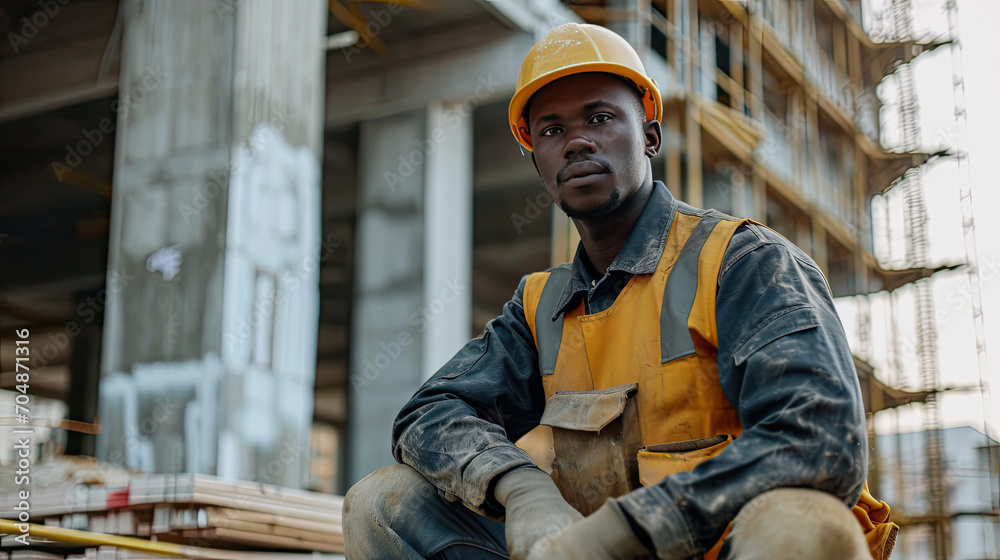 Portrait of a black construction worker dressed in work uniform and wearing a hard hat. He is posing at his work site, a building under construction Portrait of a black construction worker dressed in work uniform and wearing a hard hat. He is posing at his work site, a building under construction