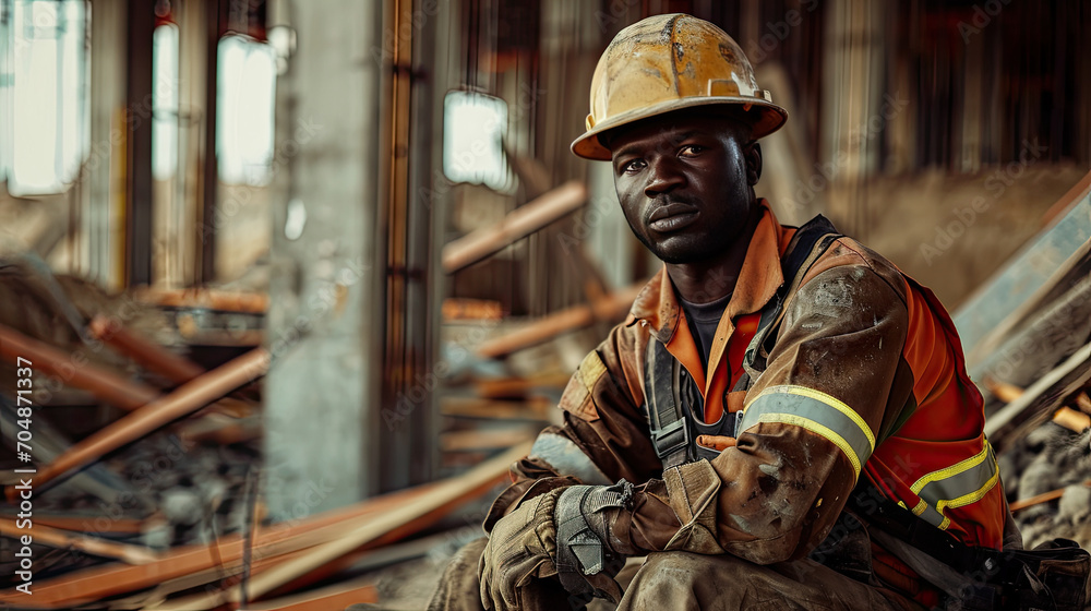 Portrait of a black construction worker dressed in work uniform and wearing a hard hat. He is posing at his work site, a building under construction Portrait of a black construction worker dressed in work uniform and wearing a hard hat. He is posing at his work site, a building under construction