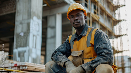 Portrait of a black construction worker dressed in work uniform and wearing a hard hat. He is posing at his work site, a building under construction