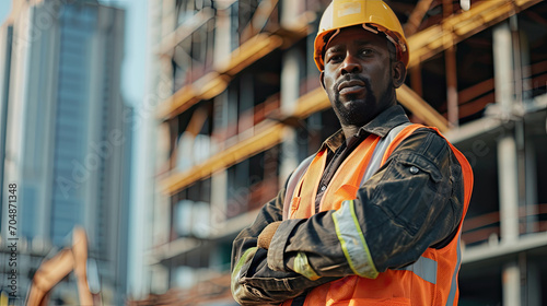 Portrait of a black construction worker dressed in work uniform and wearing a hard hat. He is posing at his work site, a building under construction