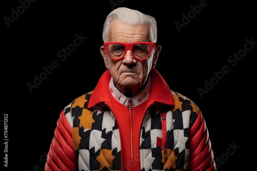 Portrait of an old man in a red jacket on a black background.