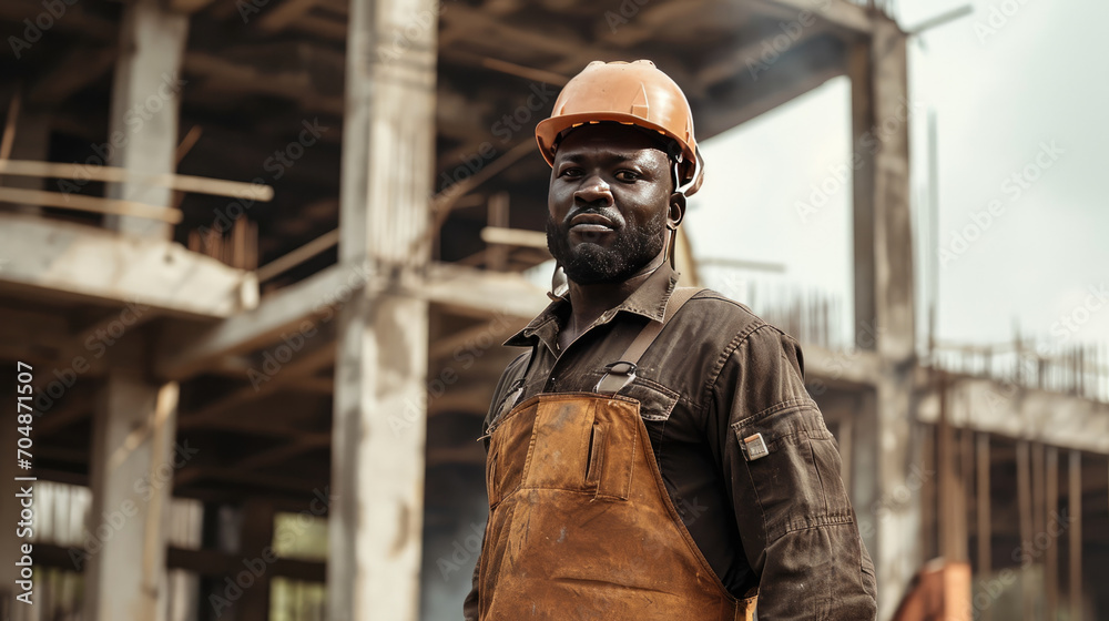 Portrait of a black construction worker dressed in work uniform and wearing a hard hat. He is posing at his work site, a building under construction