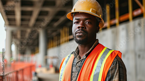 Portrait of a black construction worker dressed in work uniform and wearing a hard hat. He is posing at his work site, a building under construction