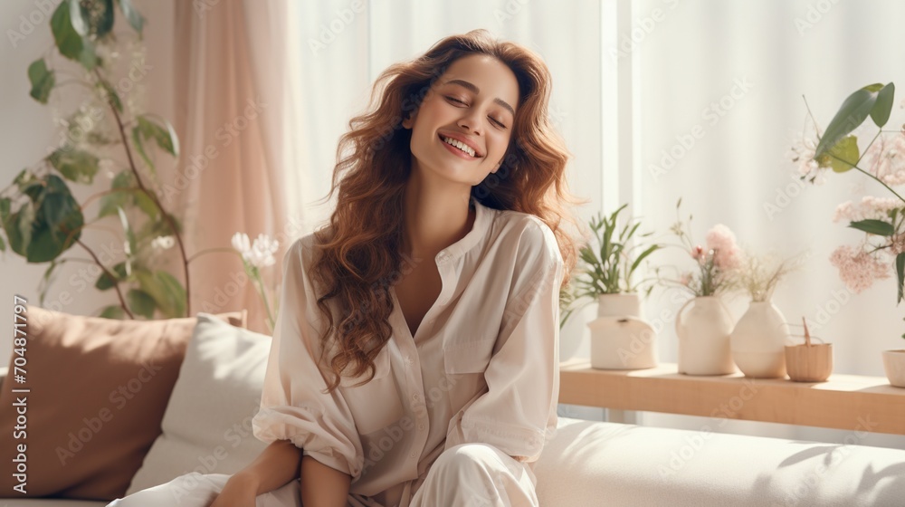 Smiling woman sitting on a couch in a sunlit room Smiling woman sitting on a couch in a sunlit room