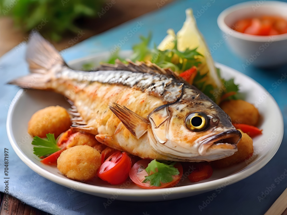 fish with lemon , fish with vegetable , fish in a plate fish with lemon , fish with vegetable , fish in a plate