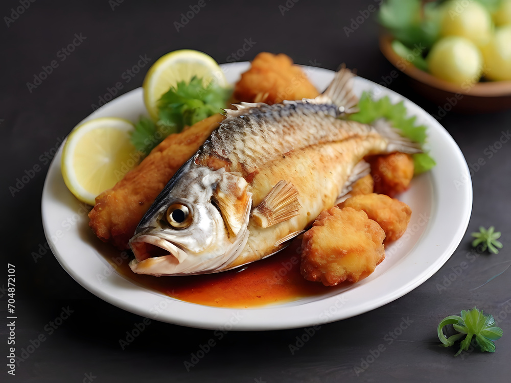 fish with lemon , fish with vegetable , fish in a plate fish with lemon , fish with vegetable , fish in a plate