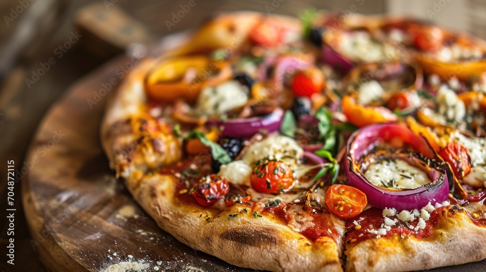 a pizza sitting on top of a wooden cutting board covered in cheese and veggies on top of it. a pizza sitting on top of a wooden cutting board covered in cheese and veggies on top of it.